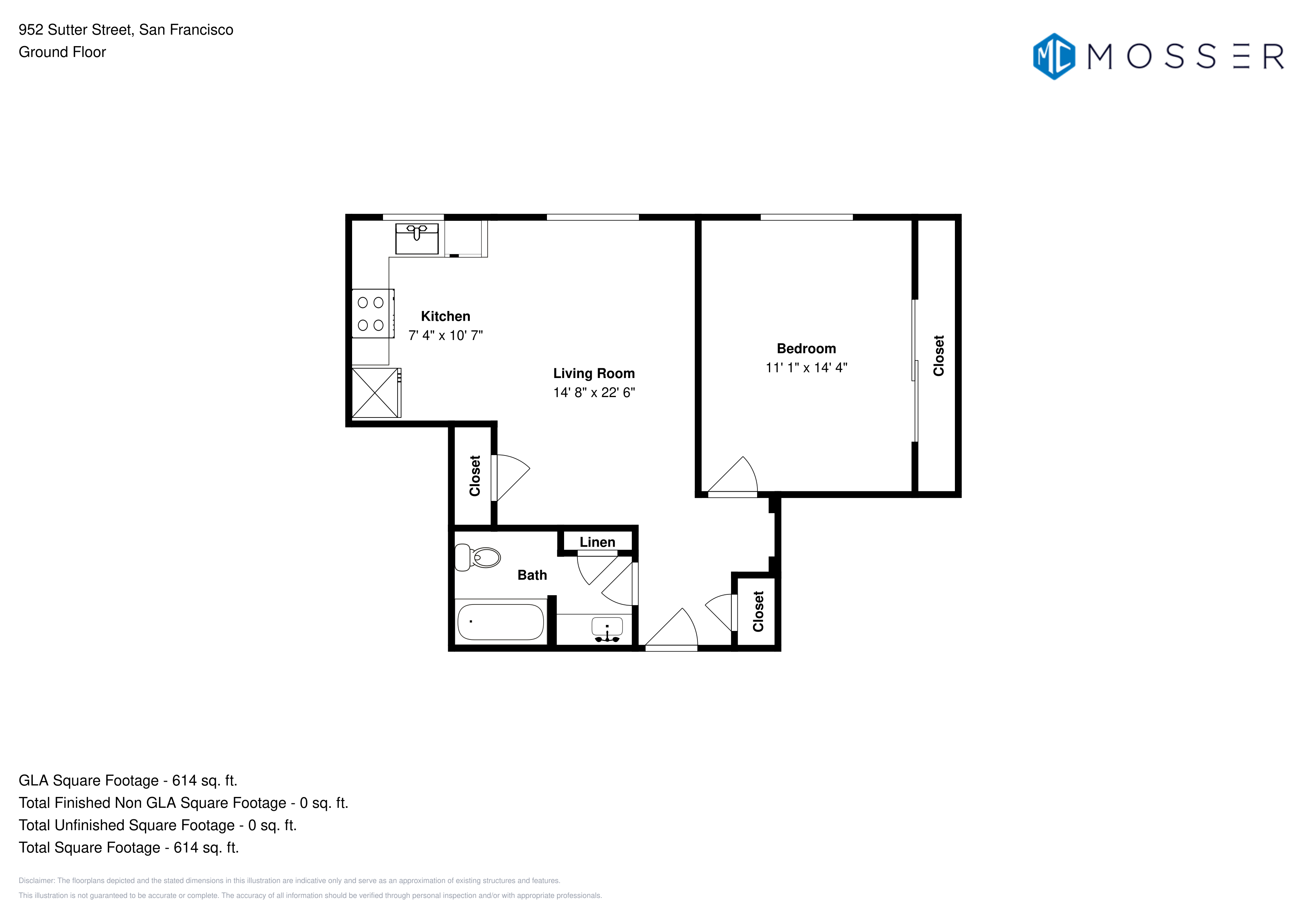 Floor plan for 1 bed, 1 bath, 770 sqft